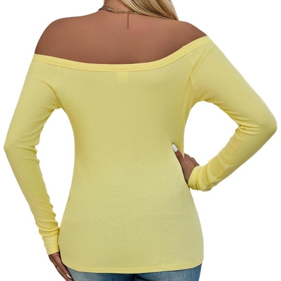 🆕 Women Yellow Long Sleeve Shoulder Tops Ribbed Basic Trendy Stretchy Shirt Off - Picture 3 of 6